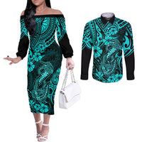 Hawaii Fish Hook Couples Matching Off The Shoulder Long Sleeve Dress and Long Sleeve Button Shirts Hibiscus Hawaii Tribal Tattoo Turquoise Version LT01 Turquoise - Polynesian Pride