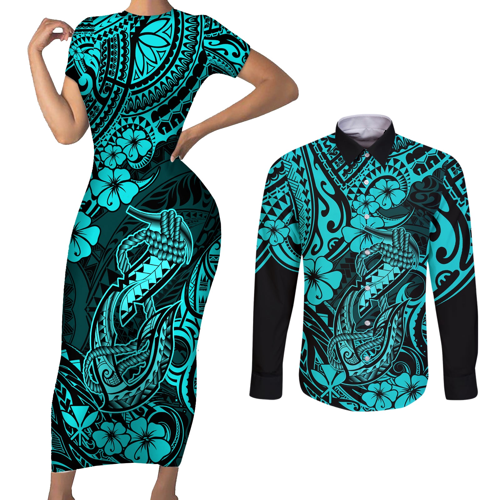 Hawaii Fish Hook Couples Matching Short Sleeve Bodycon Dress and Long Sleeve Button Shirts Hibiscus Hawaii Tribal Tattoo Turquoise Version LT01 Turquoise - Polynesian Pride