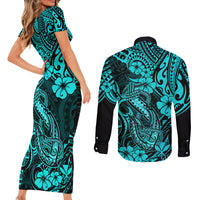 Hawaii Fish Hook Couples Matching Short Sleeve Bodycon Dress and Long Sleeve Button Shirts Hibiscus Hawaii Tribal Tattoo Turquoise Version LT01 - Polynesian Pride