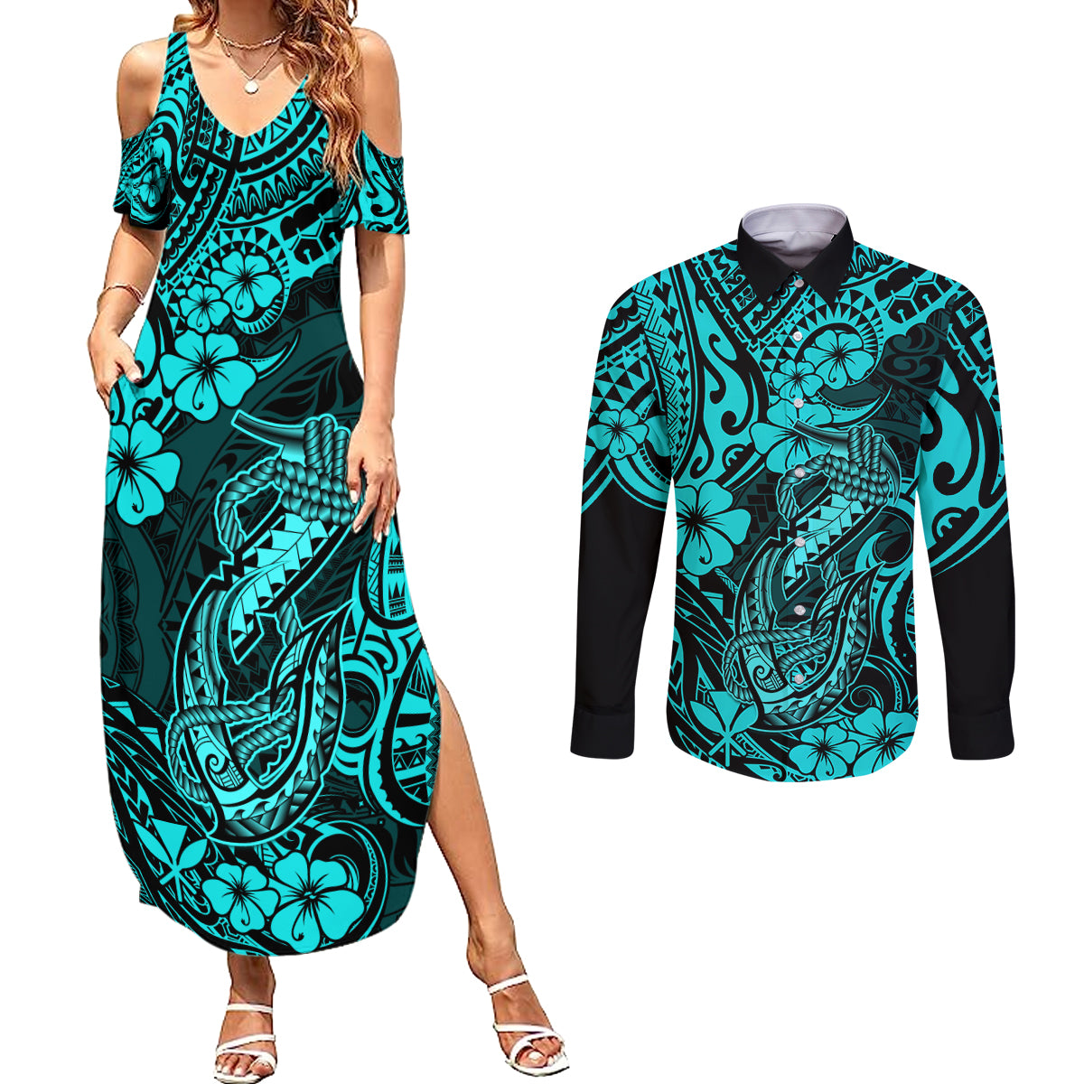 Hawaii Fish Hook Couples Matching Summer Maxi Dress and Long Sleeve Button Shirts Hibiscus Hawaii Tribal Tattoo Turquoise Version LT01 Turquoise - Polynesian Pride
