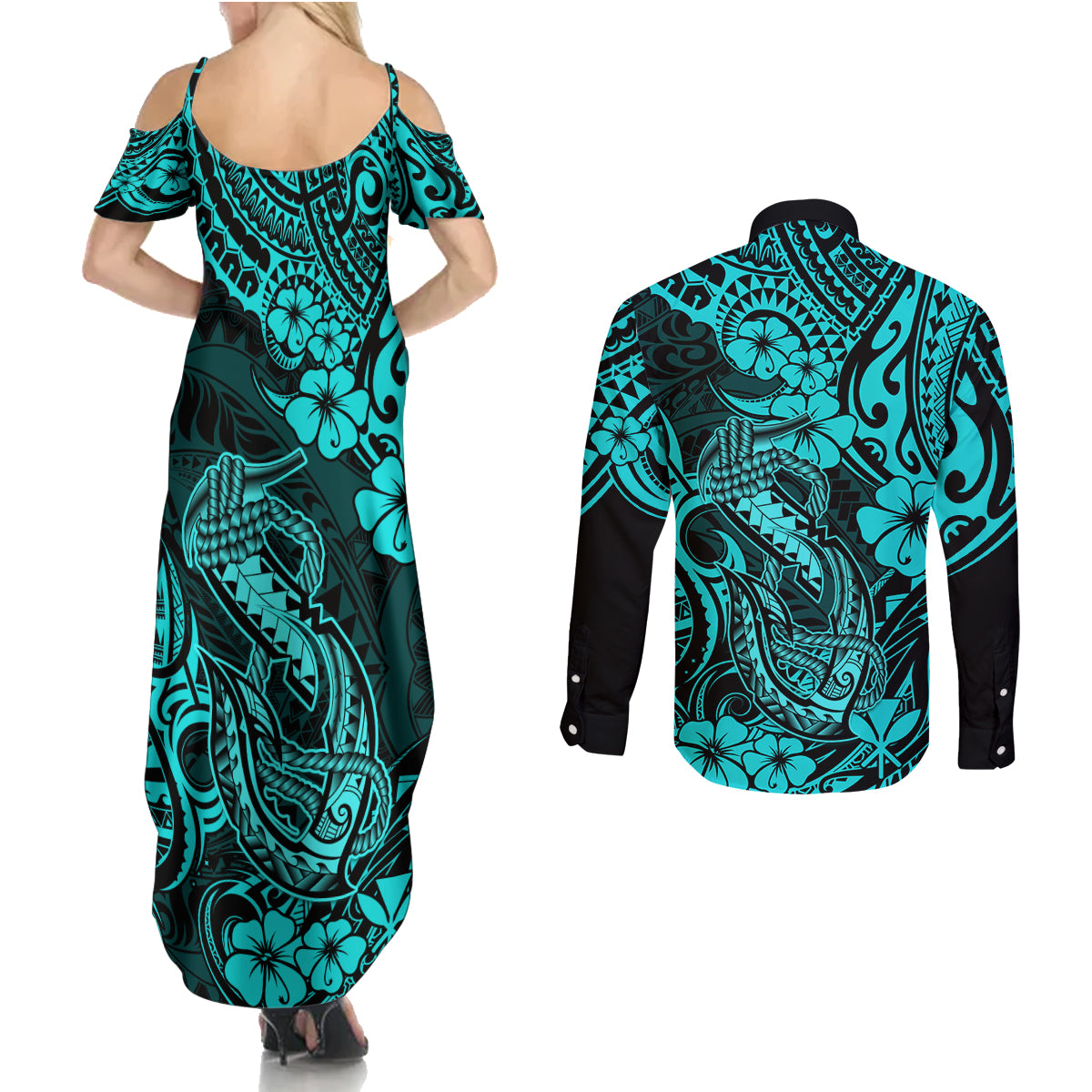 Hawaii Fish Hook Couples Matching Summer Maxi Dress and Long Sleeve Button Shirts Hibiscus Hawaii Tribal Tattoo Turquoise Version LT01 - Polynesian Pride