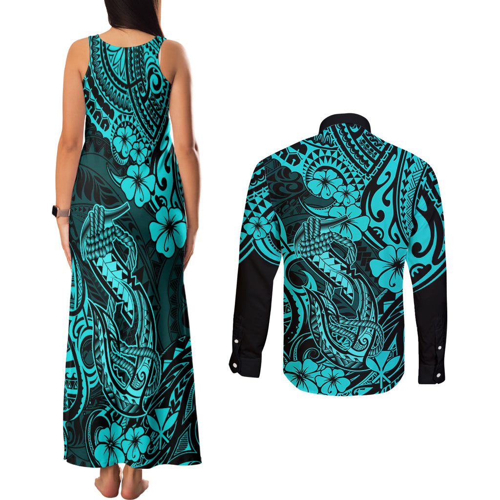 Hawaii Fish Hook Couples Matching Tank Maxi Dress and Long Sleeve Button Shirts Hibiscus Hawaii Tribal Tattoo Turquoise Version LT01 - Polynesian Pride