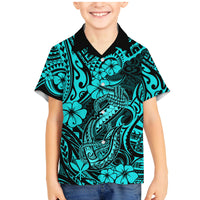 Hawaii Fish Hook Family Matching Mermaid Dress and Hawaiian Shirt Hibiscus Hawaii Tribal Tattoo Turquoise Version LT01 Son's Shirt Turquoise - Polynesian Pride