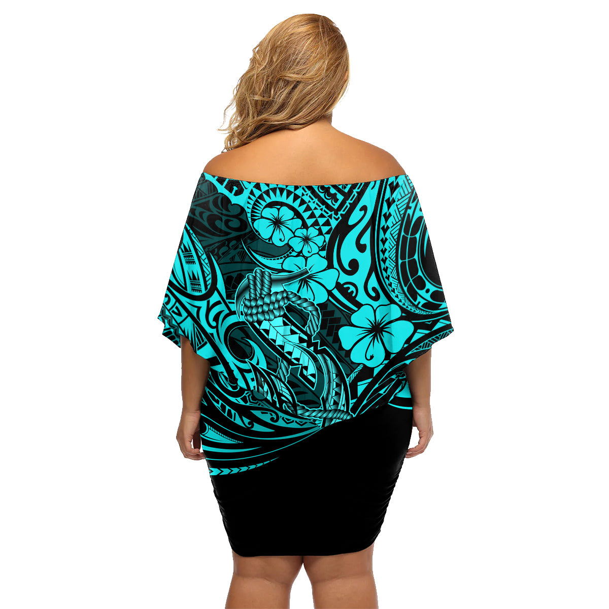 Hawaii Fish Hook Family Matching Off Shoulder Short Dress and Hawaiian Shirt Hibiscus Hawaii Tribal Tattoo Turquoise Version LT01 - Polynesian Pride