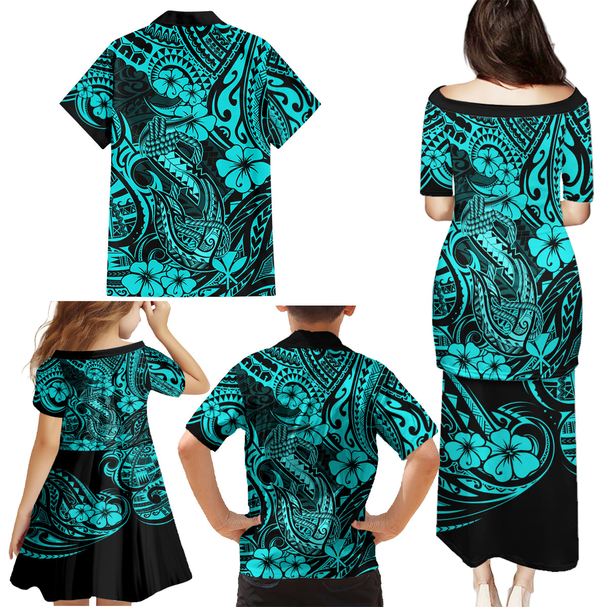 Hawaii Fish Hook Family Matching Puletasi Dress and Hawaiian Shirt Hibiscus Hawaii Tribal Tattoo Turquoise Version LT01 - Polynesian Pride