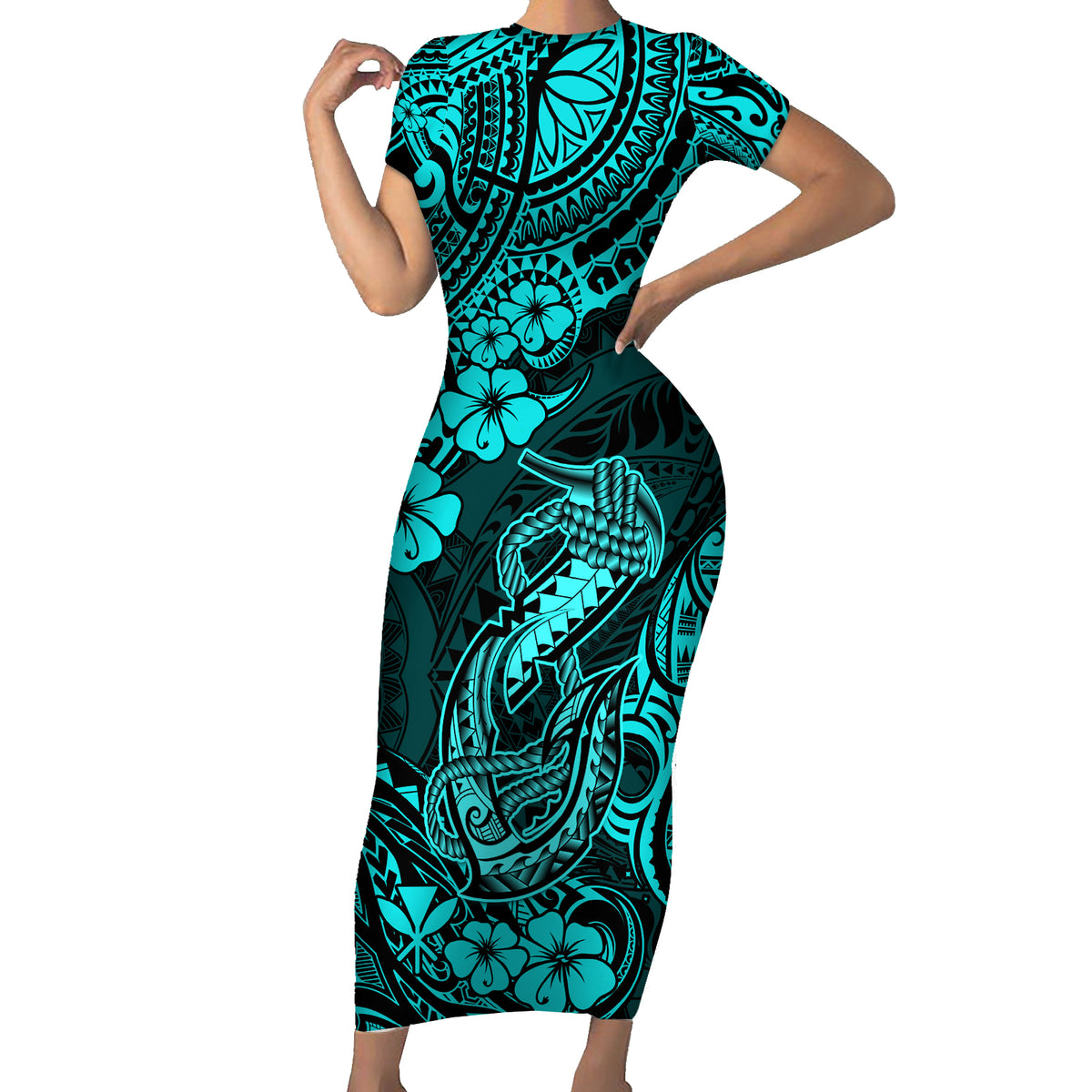 Hawaii Fish Hook Family Matching Short Sleeve Bodycon Dress and Hawaiian Shirt Hibiscus Hawaii Tribal Tattoo Turquoise Version LT01 Mom's Dress Turquoise - Polynesian Pride