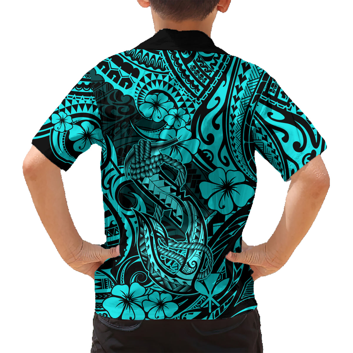 Hawaii Fish Hook Kid Hawaiian Shirt Hibiscus Hawaii Tribal Tattoo Turquoise Version LT01 - Polynesian Pride