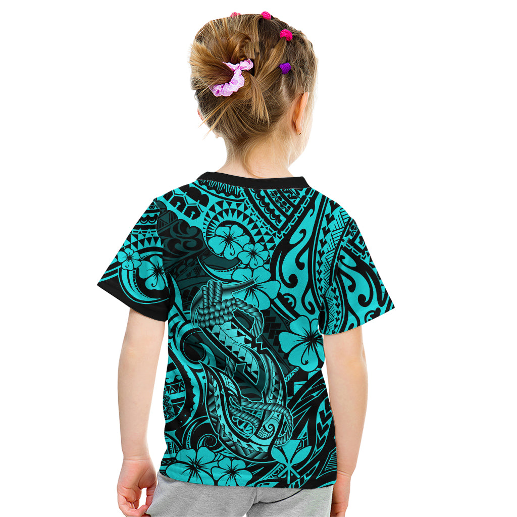 Hawaii Fish Hook Kid T Shirt Hibiscus Hawaii Tribal Tattoo Turquoise Version LT01 - Polynesian Pride