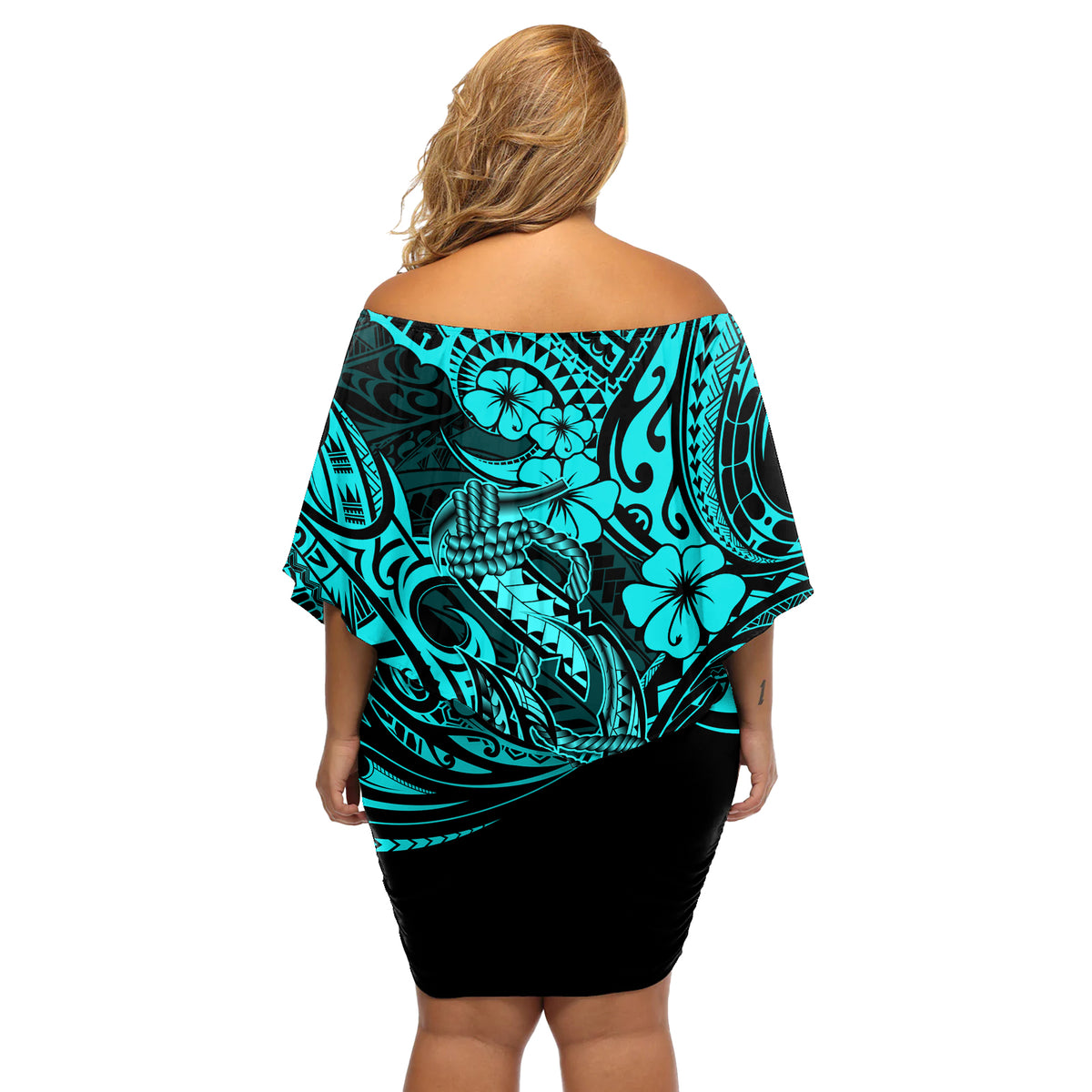 Hawaii Fish Hook Off Shoulder Short Dress Hibiscus Hawaii Tribal Tattoo Turquoise Version LT01 - Polynesian Pride