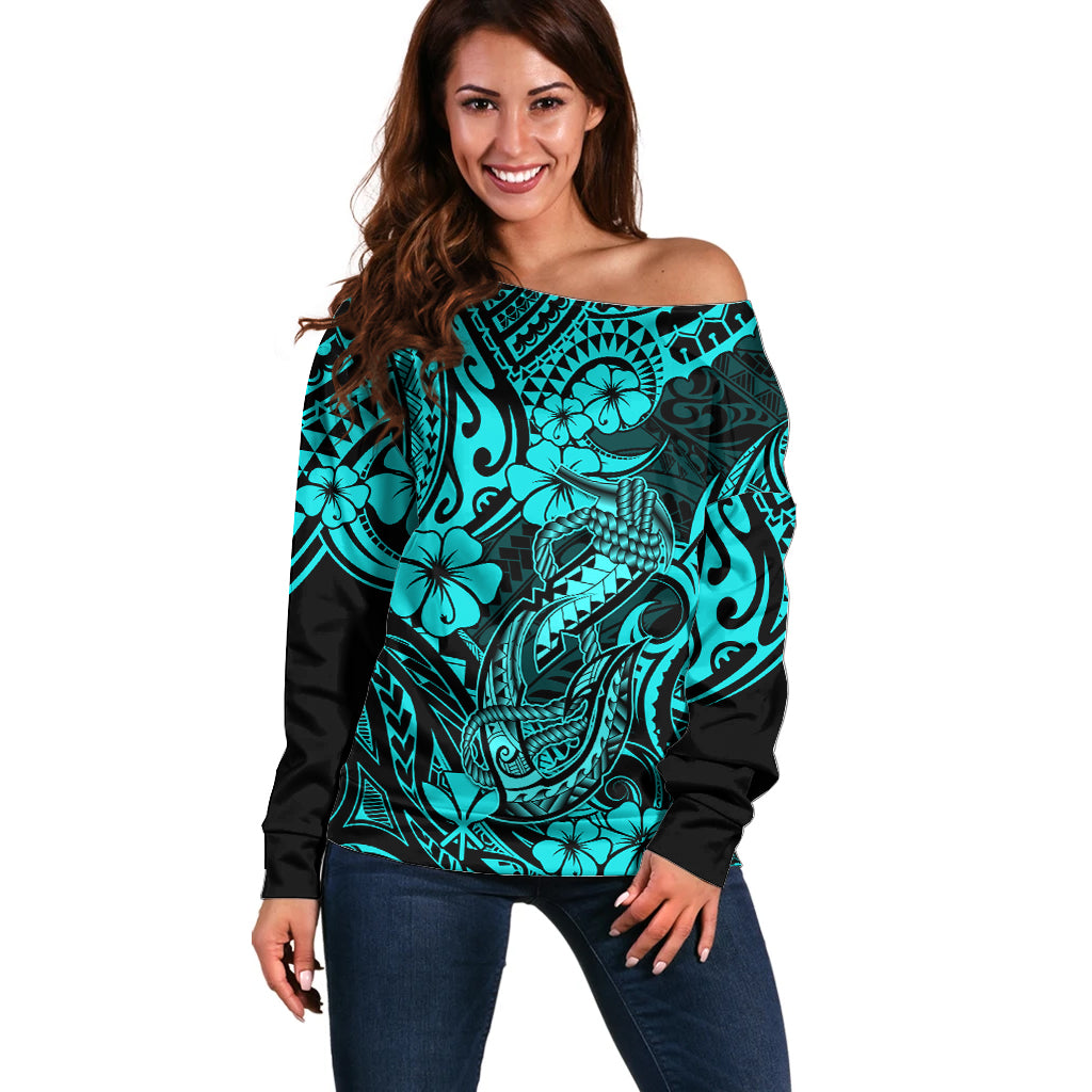 Hawaii Fish Hook Off Shoulder Sweater Hibiscus Hawaii Tribal Tattoo Turquoise Version LT01 Women Turquoise - Polynesian Pride
