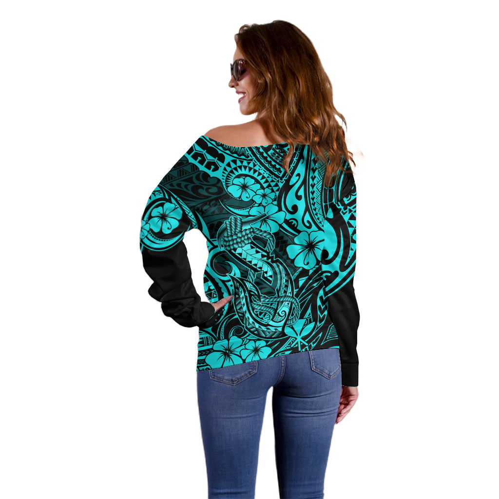 Hawaii Fish Hook Off Shoulder Sweater Hibiscus Hawaii Tribal Tattoo Turquoise Version LT01 - Polynesian Pride