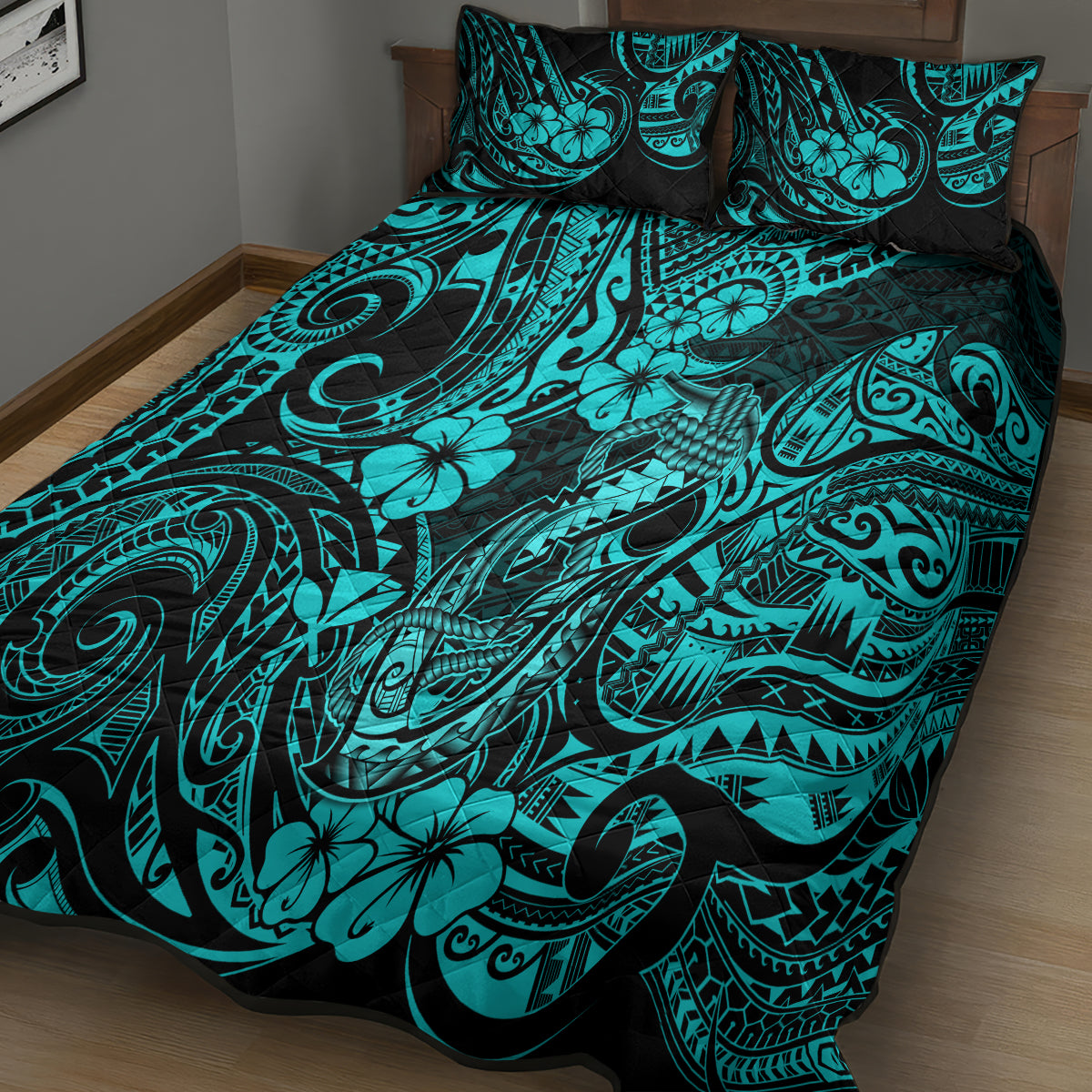 Hawaii Fish Hook Quilt Bed Set Hibiscus Hawaii Tribal Tattoo Turquoise Version LT01 - Polynesian Pride