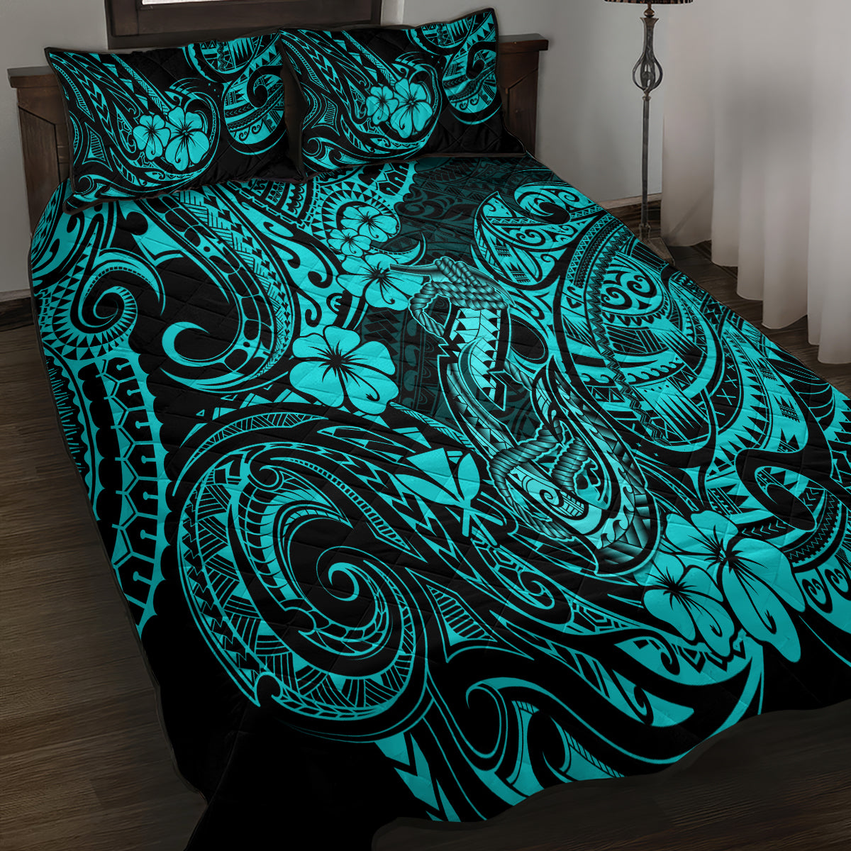 Hawaii Fish Hook Quilt Bed Set Hibiscus Hawaii Tribal Tattoo Turquoise Version LT01 - Polynesian Pride