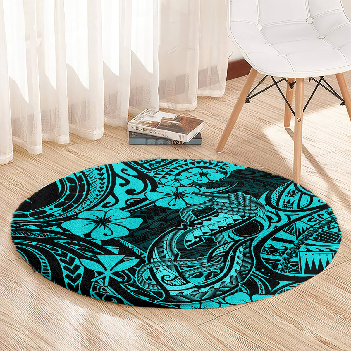 Hawaii Fish Hook Round Carpet Hibiscus Hawaii Tribal Tattoo Turquoise Version LT01 - Polynesian Pride