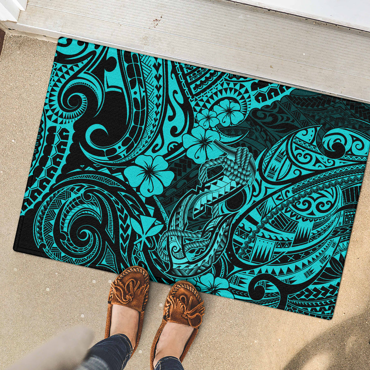 Hawaii Fish Hook Rubber Doormat Hibiscus Hawaii Tribal Tattoo Turquoise Version LT01 - Polynesian Pride