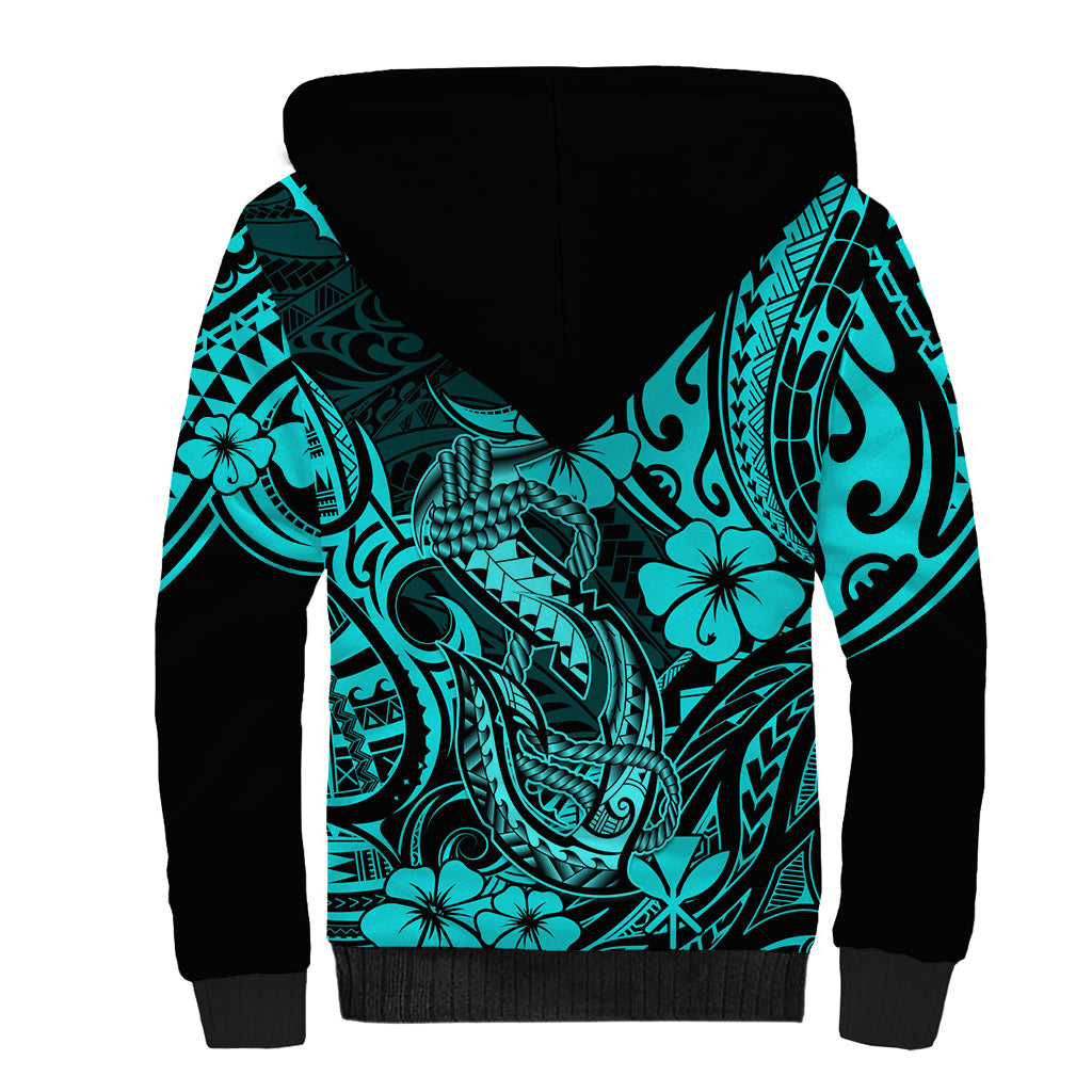 Hawaii Fish Hook Sherpa Hoodie Hibiscus Hawaii Tribal Tattoo Turquoise Version LT01 - Polynesian Pride