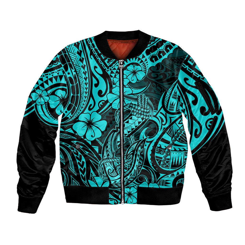 Hawaii Fish Hook Sleeve Zip Bomber Jacket Hibiscus Hawaii Tribal Tattoo Turquoise Version LT01 Unisex Turquoise - Polynesian Pride