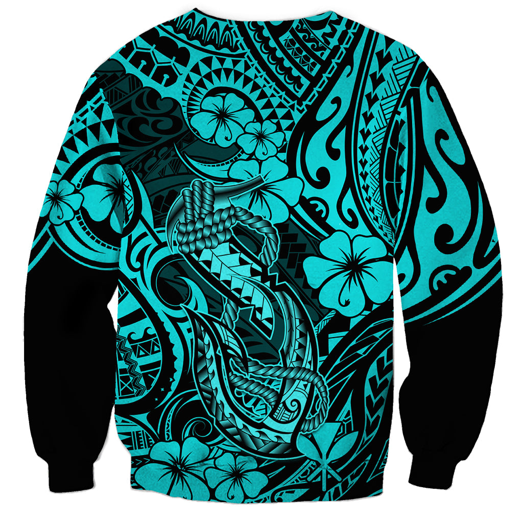 Hawaii Fish Hook Sweatshirt Hibiscus Hawaii Tribal Tattoo Turquoise Version LT01 - Polynesian Pride