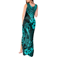 Hawaii Fish Hook Tank Maxi Dress Hibiscus Hawaii Tribal Tattoo Turquoise Version LT01 - Polynesian Pride