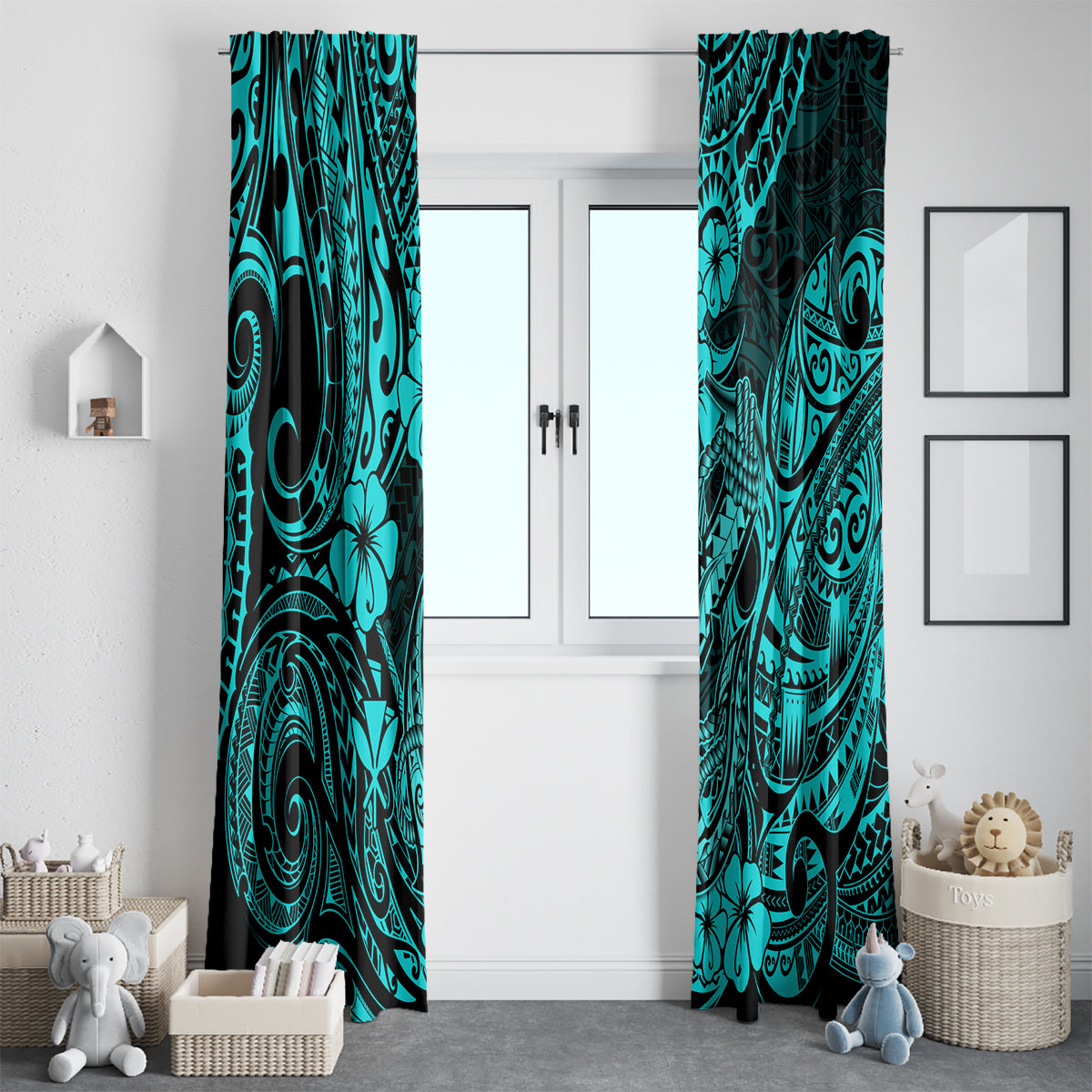 Hawaii Fish Hook Window Curtain Hibiscus Hawaii Tribal Tattoo Turquoise Version LT01 - Polynesian Pride