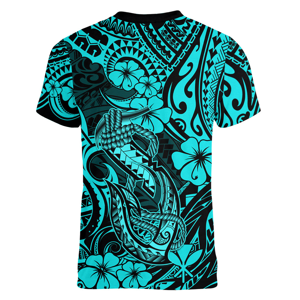 Hawaii Fish Hook Women V Neck T Shirt Hibiscus Hawaii Tribal Tattoo Turquoise Version LT01 - Polynesian Pride
