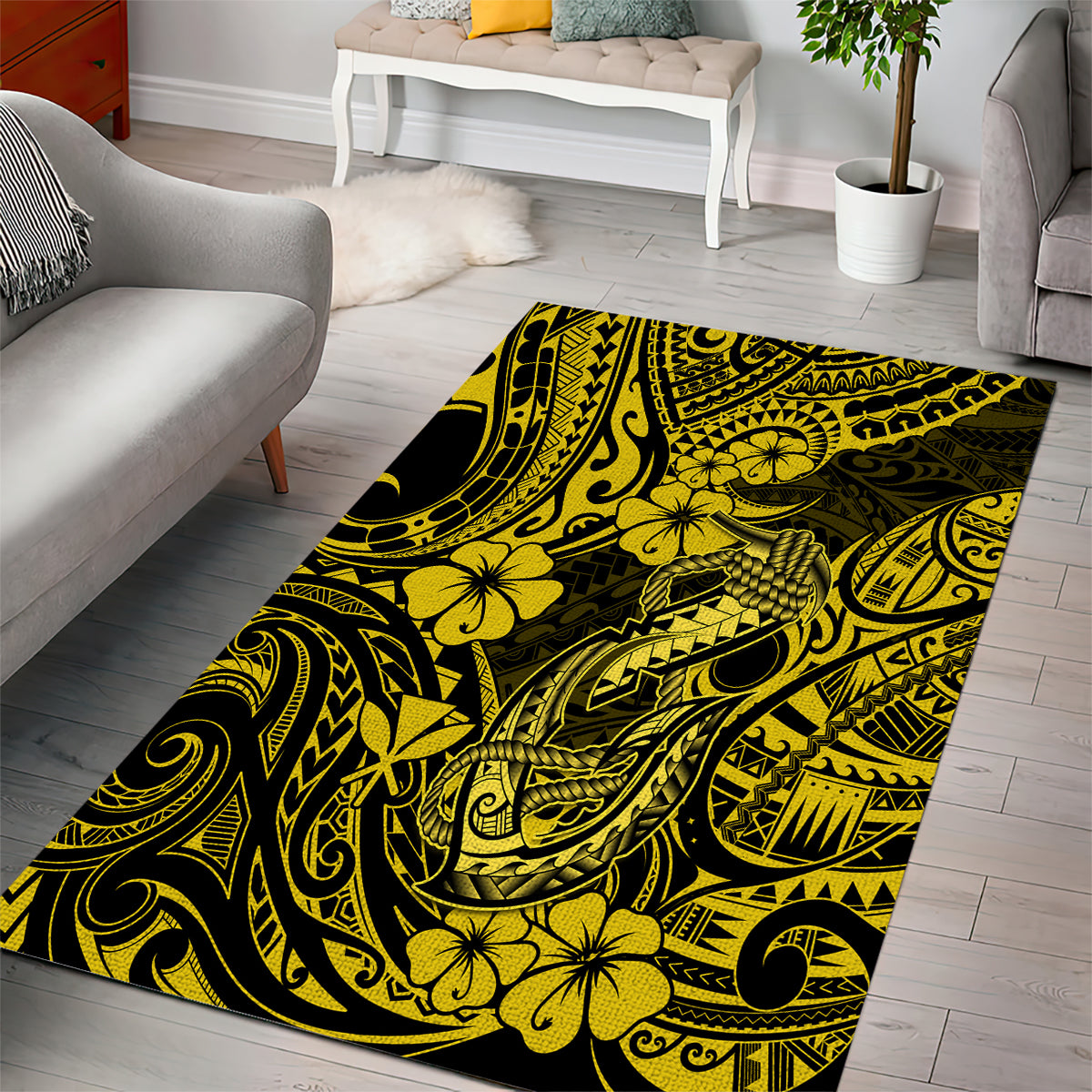 Hawaii Fish Hook Area Rug Hibiscus Hawaii Tribal Tattoo Yellow Version LT01 - Polynesian Pride