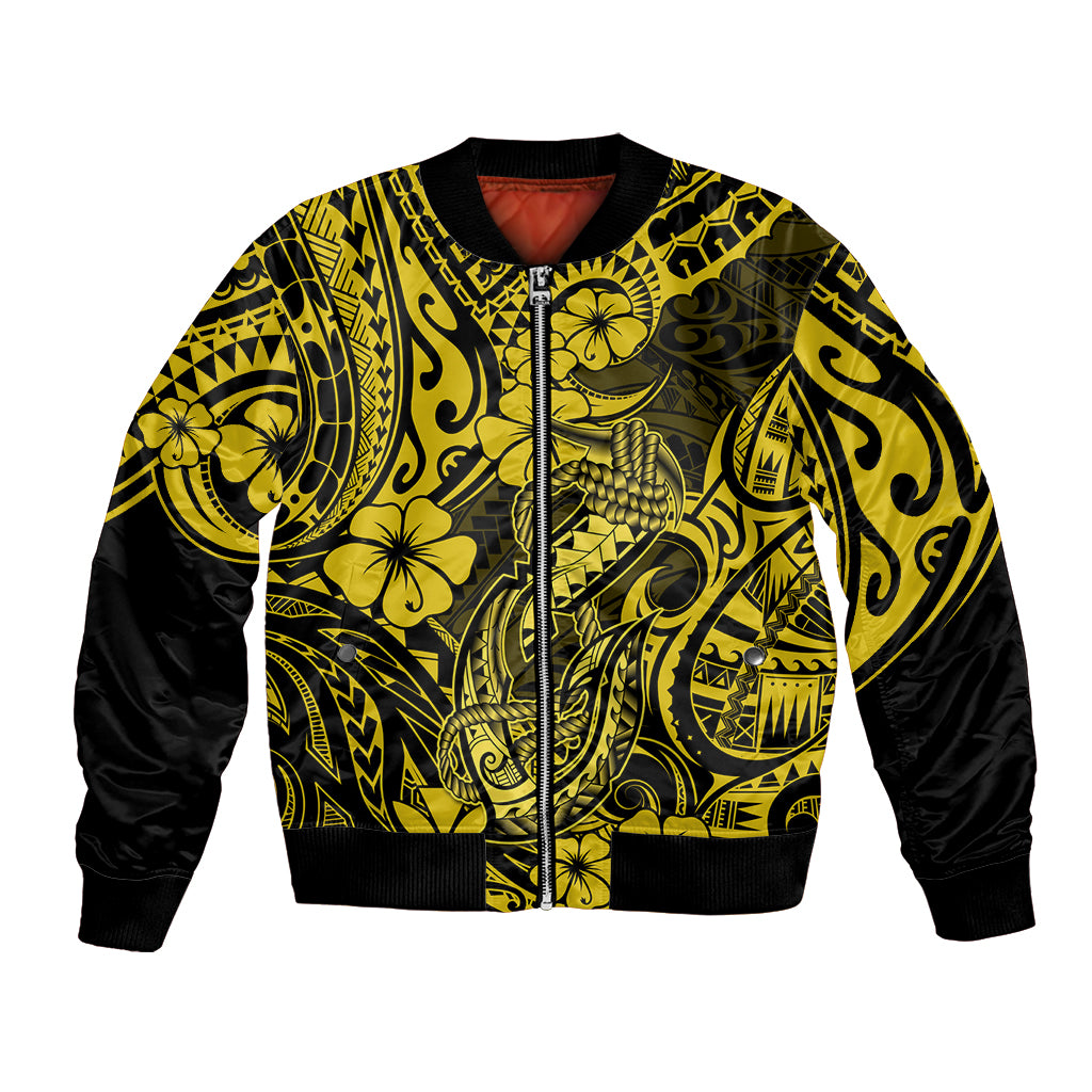 Hawaii Fish Hook Bomber Jacket Hibiscus Hawaii Tribal Tattoo Yellow Version LT01 Unisex Yellow - Polynesian Pride