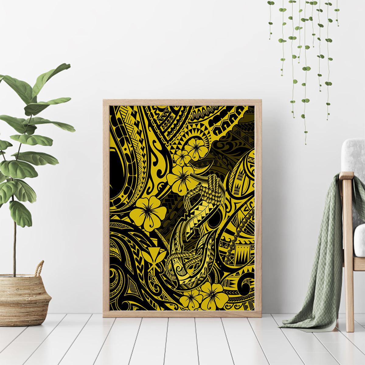 Hawaii Fish Hook Canvas Wall Art Hibiscus Hawaii Tribal Tattoo Yellow Version LT01 - Polynesian Pride