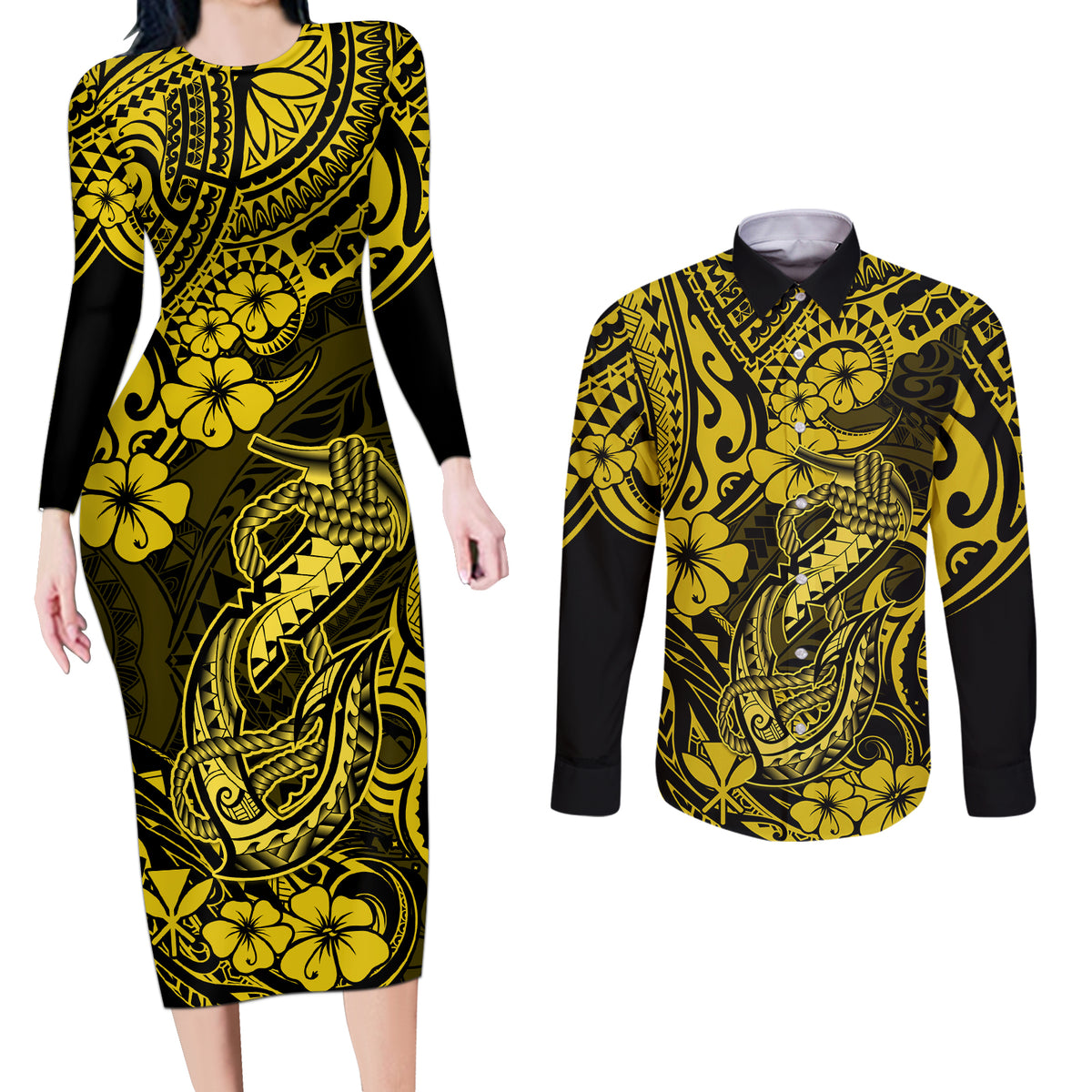 Hawaii Fish Hook Couples Matching Long Sleeve Bodycon Dress and Long Sleeve Button Shirts Hibiscus Hawaii Tribal Tattoo Yellow Version LT01 Yellow - Polynesian Pride