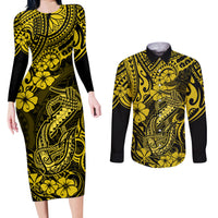 Hawaii Fish Hook Couples Matching Long Sleeve Bodycon Dress and Long Sleeve Button Shirts Hibiscus Hawaii Tribal Tattoo Yellow Version LT01 Yellow - Polynesian Pride