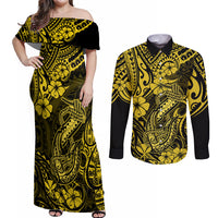 Hawaii Fish Hook Couples Matching Off Shoulder Maxi Dress and Long Sleeve Button Shirts Hibiscus Hawaii Tribal Tattoo Yellow Version LT01 Yellow - Polynesian Pride