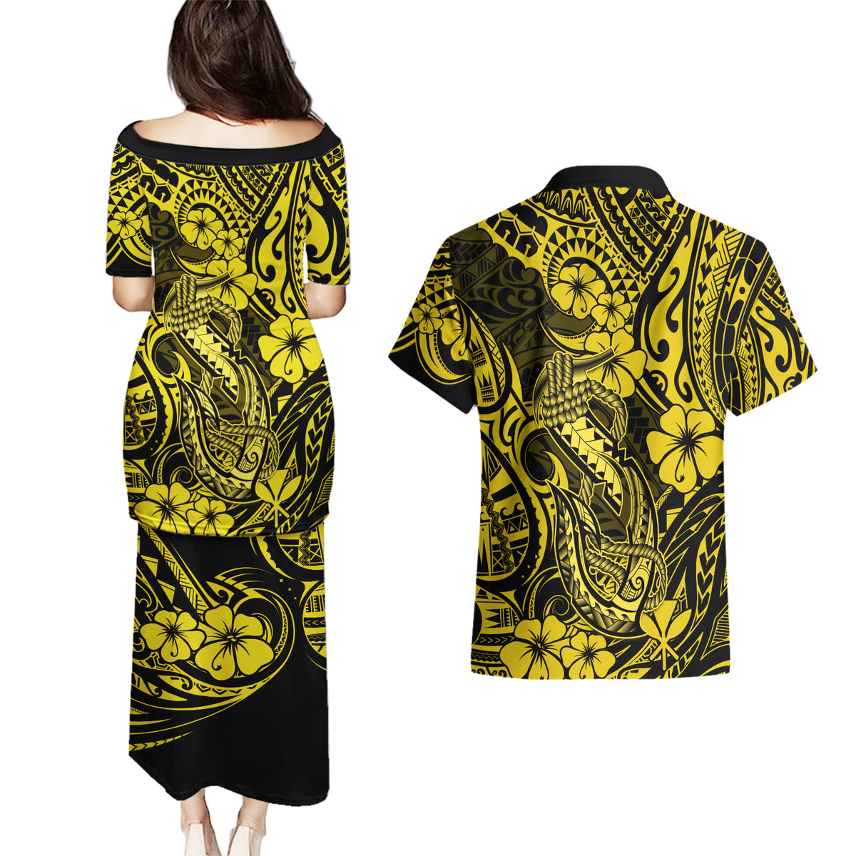 Hawaii Fish Hook Couples Matching Puletasi Dress and Hawaiian Shirt Hibiscus Hawaii Tribal Tattoo Yellow Version LT01 - Polynesian Pride