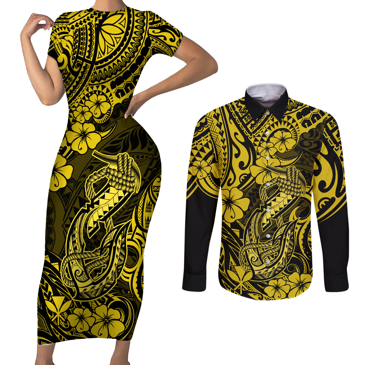 Hawaii Fish Hook Couples Matching Short Sleeve Bodycon Dress and Long Sleeve Button Shirts Hibiscus Hawaii Tribal Tattoo Yellow Version LT01 Yellow - Polynesian Pride