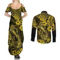 Hawaii Fish Hook Couples Matching Summer Maxi Dress and Long Sleeve Button Shirts Hibiscus Hawaii Tribal Tattoo Yellow Version LT01 - Polynesian Pride