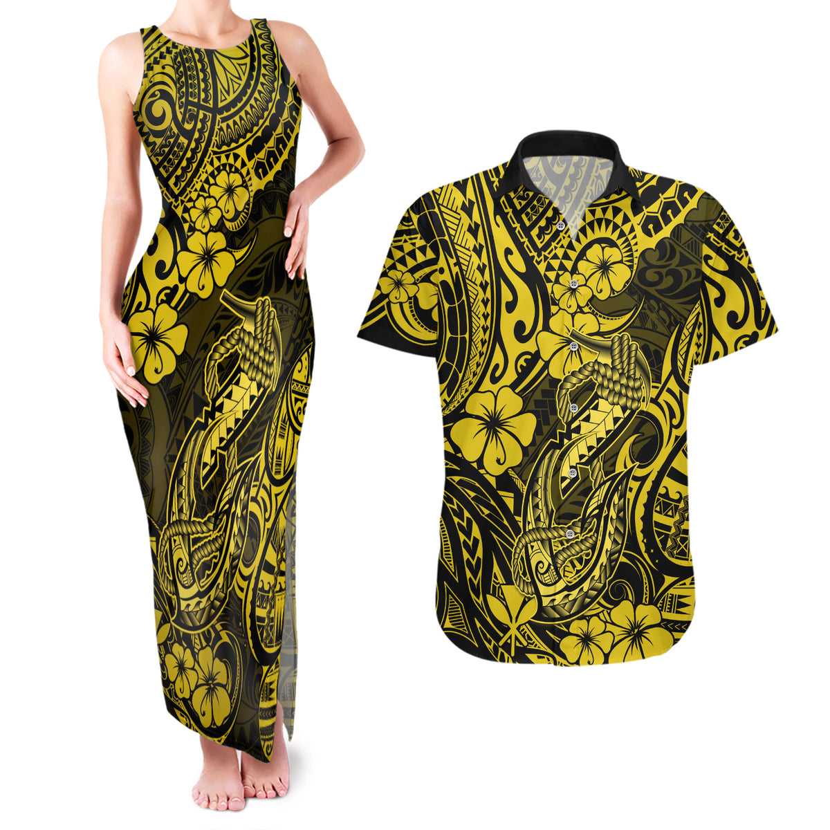 Hawaii Fish Hook Couples Matching Tank Maxi Dress and Hawaiian Shirt Hibiscus Hawaii Tribal Tattoo Yellow Version LT01 Yellow - Polynesian Pride