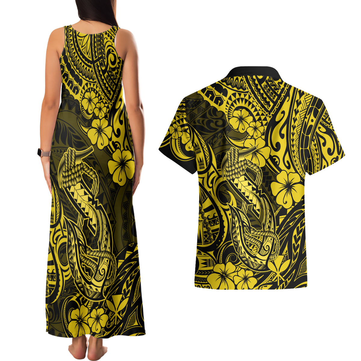 Hawaii Fish Hook Couples Matching Tank Maxi Dress and Hawaiian Shirt Hibiscus Hawaii Tribal Tattoo Yellow Version LT01 - Polynesian Pride