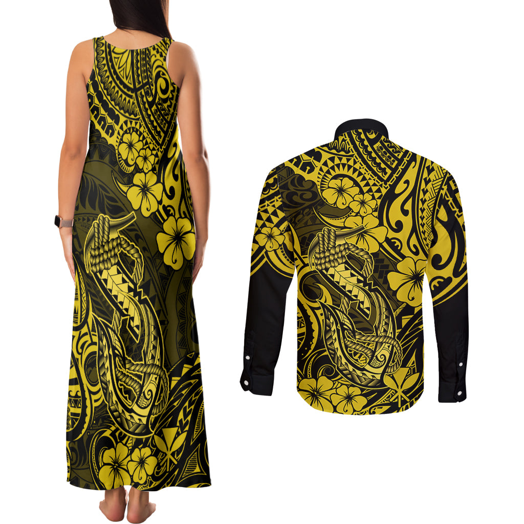 Hawaii Fish Hook Couples Matching Tank Maxi Dress and Long Sleeve Button Shirts Hibiscus Hawaii Tribal Tattoo Yellow Version LT01 - Polynesian Pride