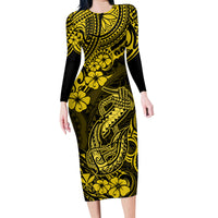 Hawaii Fish Hook Family Matching Long Sleeve Bodycon Dress and Hawaiian Shirt Hibiscus Hawaii Tribal Tattoo Yellow Version LT01 Mom's Dress Yellow - Polynesian Pride