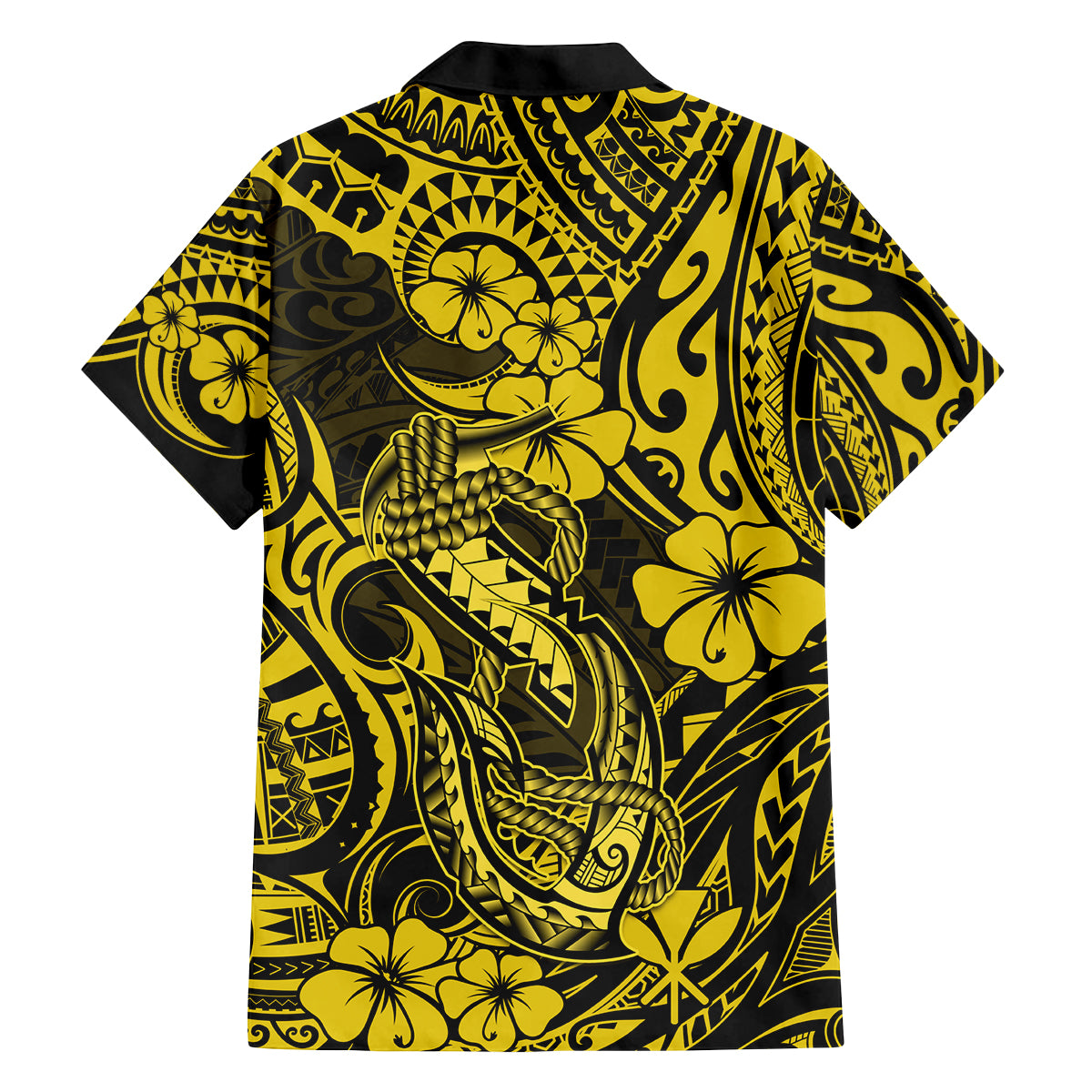 Hawaii Fish Hook Family Matching Off Shoulder Long Sleeve Dress and Hawaiian Shirt Hibiscus Hawaii Tribal Tattoo Yellow Version LT01 - Polynesian Pride