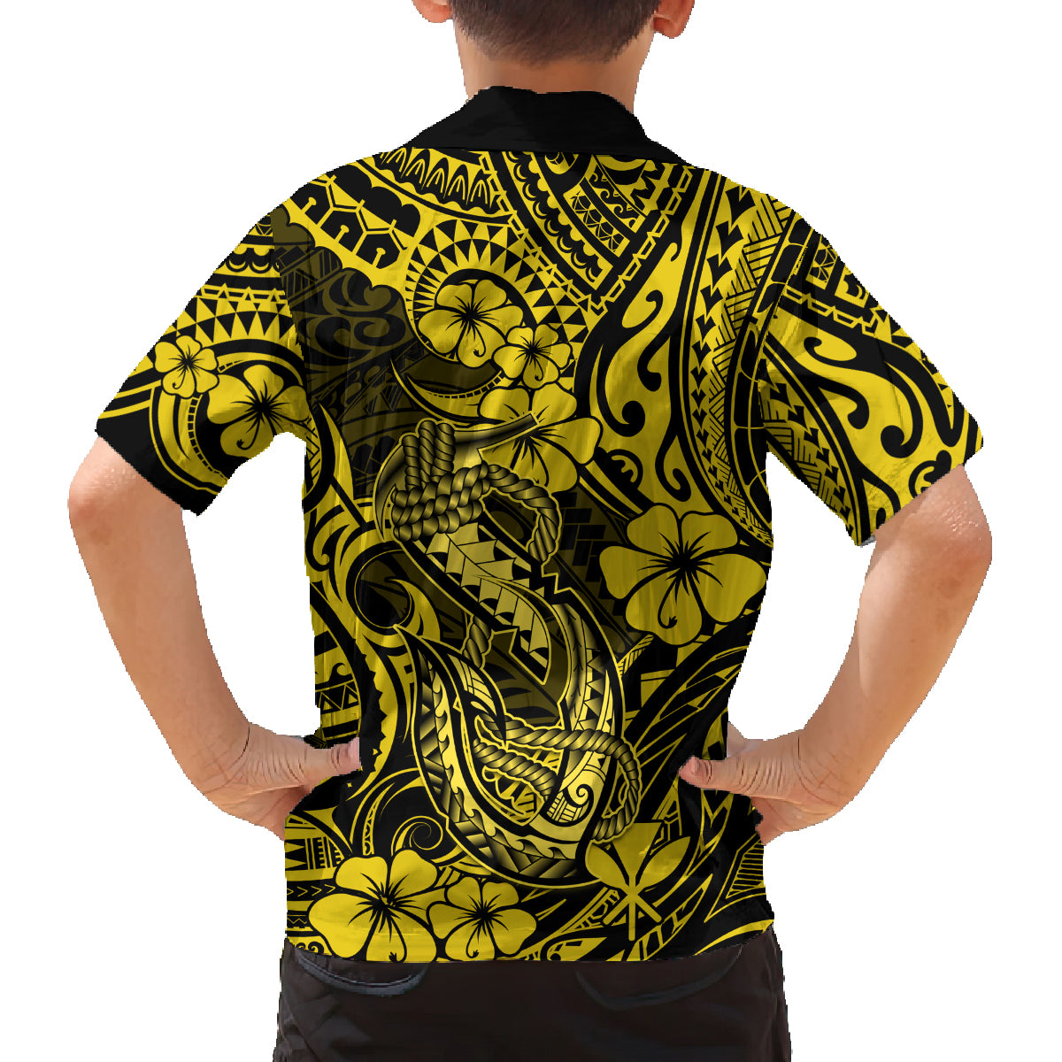 Hawaii Fish Hook Family Matching Off Shoulder Maxi Dress and Hawaiian Shirt Hibiscus Hawaii Tribal Tattoo Yellow Version LT01 - Polynesian Pride