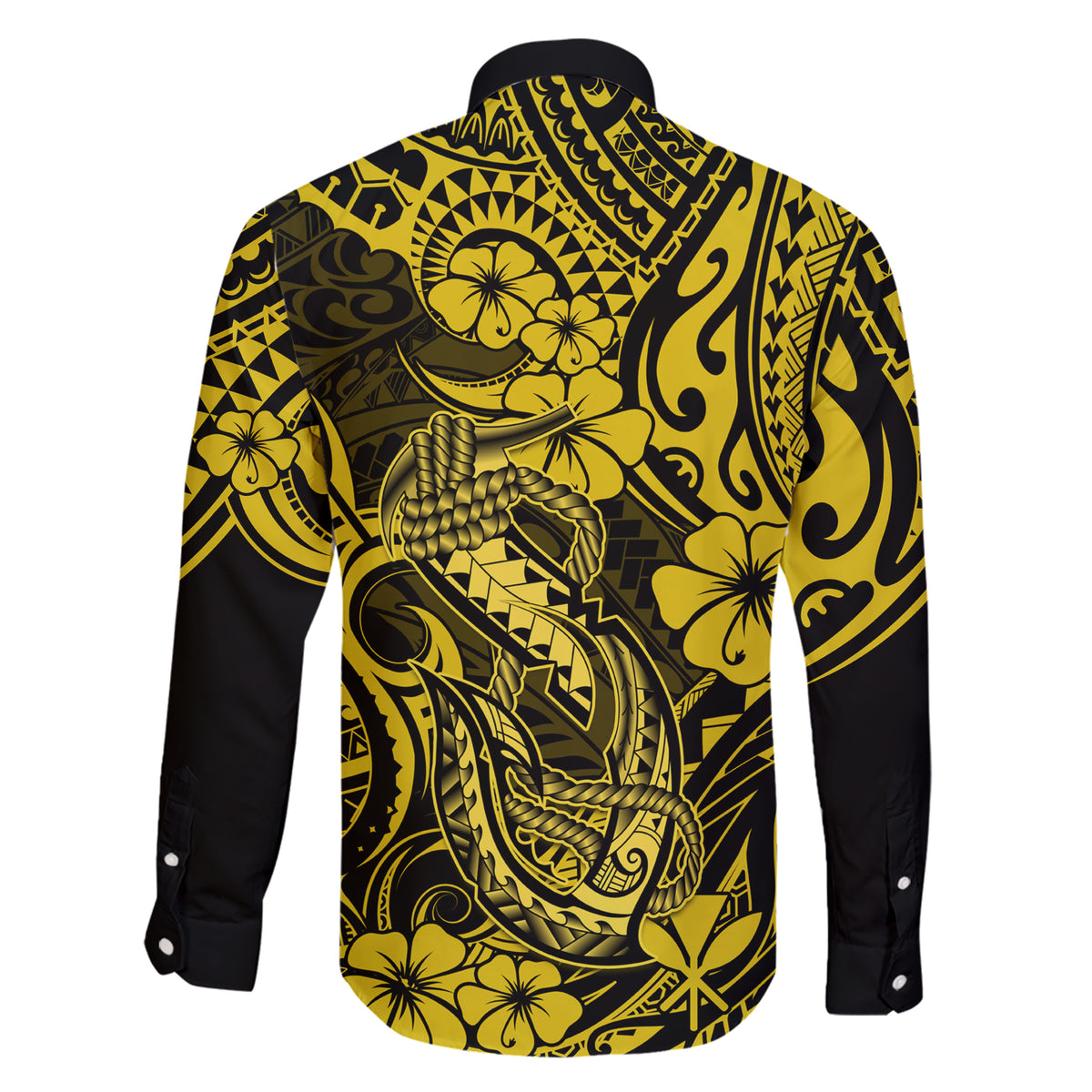 Hawaii Fish Hook Family Matching Short Sleeve Bodycon Dress and Hawaiian Shirt Hibiscus Hawaii Tribal Tattoo Yellow Version LT01 - Polynesian Pride