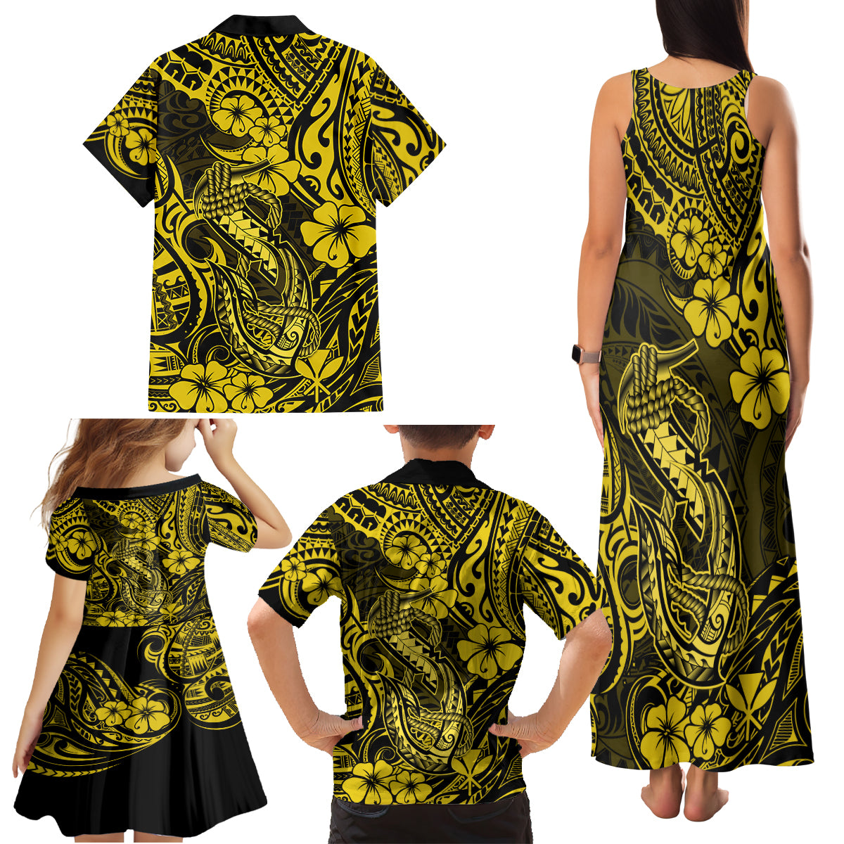 Hawaii Fish Hook Family Matching Tank Maxi Dress and Hawaiian Shirt Hibiscus Hawaii Tribal Tattoo Yellow Version LT01 - Polynesian Pride