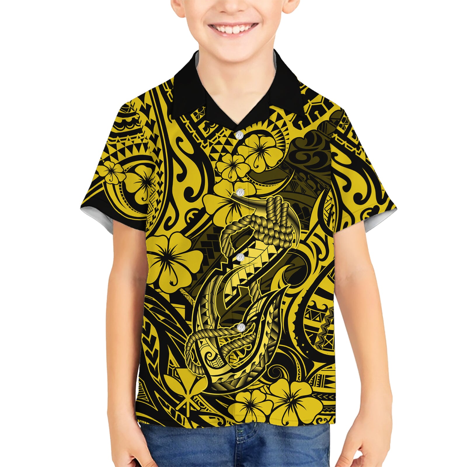 Hawaii Fish Hook Kid Hawaiian Shirt Hibiscus Hawaii Tribal Tattoo Yellow Version LT01 Kid Yellow - Polynesian Pride