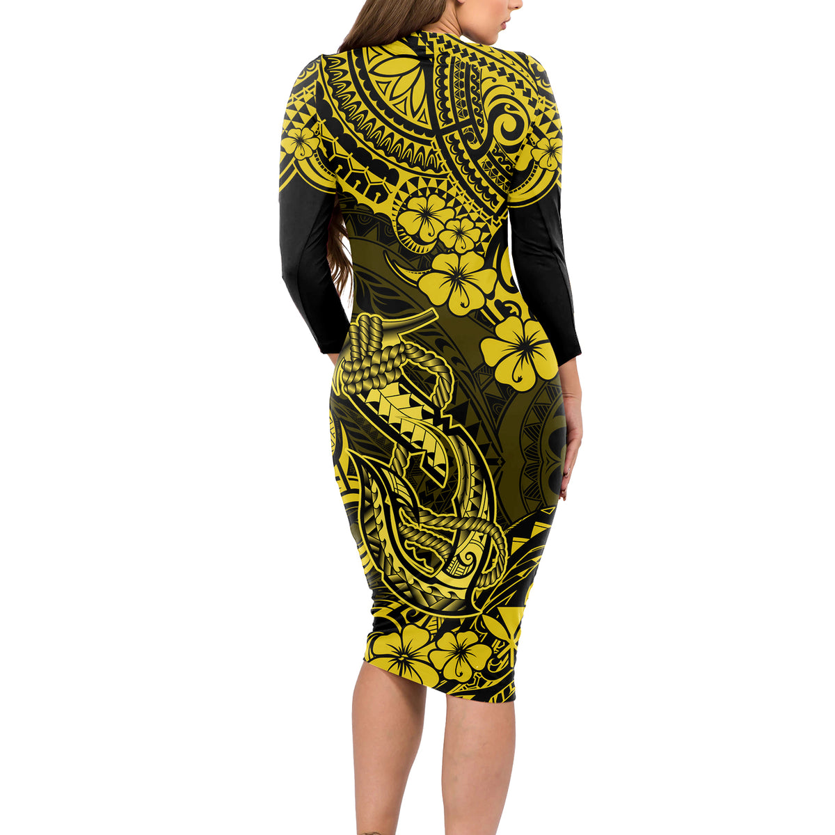 Hawaii Fish Hook Long Sleeve Bodycon Dress Hibiscus Hawaii Tribal Tattoo Yellow Version LT01 - Polynesian Pride