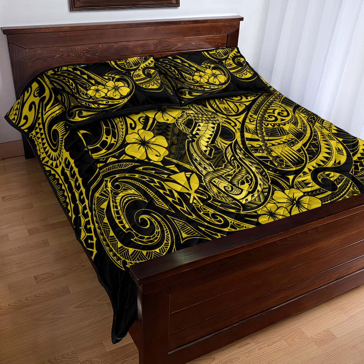 Hawaii Fish Hook Quilt Bed Set Hibiscus Hawaii Tribal Tattoo Yellow Version LT01 - Polynesian Pride