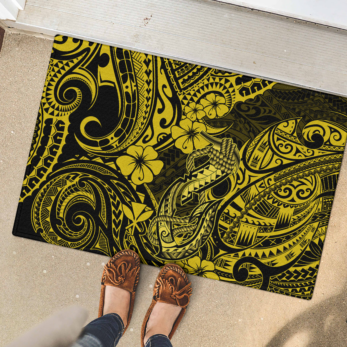 Hawaii Fish Hook Rubber Doormat Hibiscus Hawaii Tribal Tattoo Yellow Version LT01 - Polynesian Pride
