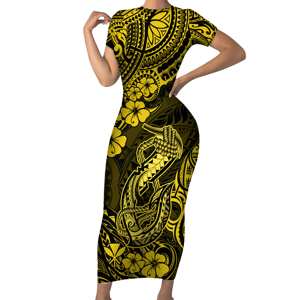 Hawaii Fish Hook Short Sleeve Bodycon Dress Hibiscus Hawaii Tribal Tattoo Yellow Version LT01 Long Dress Yellow - Polynesian Pride