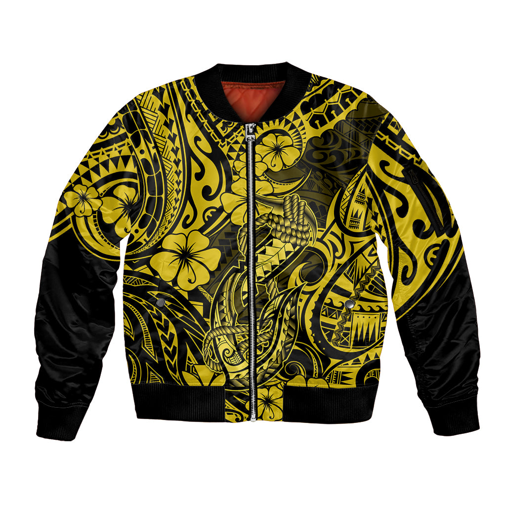 Hawaii Fish Hook Sleeve Zip Bomber Jacket Hibiscus Hawaii Tribal Tattoo Yellow Version LT01 Unisex Yellow - Polynesian Pride