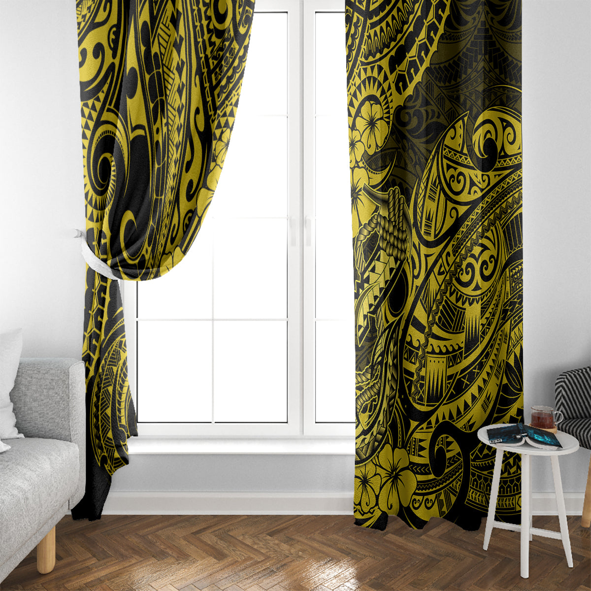 Hawaii Fish Hook Window Curtain Hibiscus Hawaii Tribal Tattoo Yellow Version LT01 - Polynesian Pride
