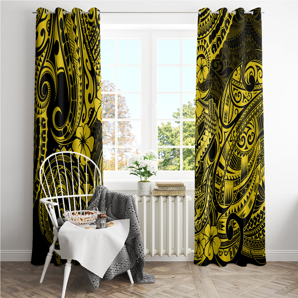 Hawaii Fish Hook Window Curtain Hibiscus Hawaii Tribal Tattoo Yellow Version LT01 - Polynesian Pride